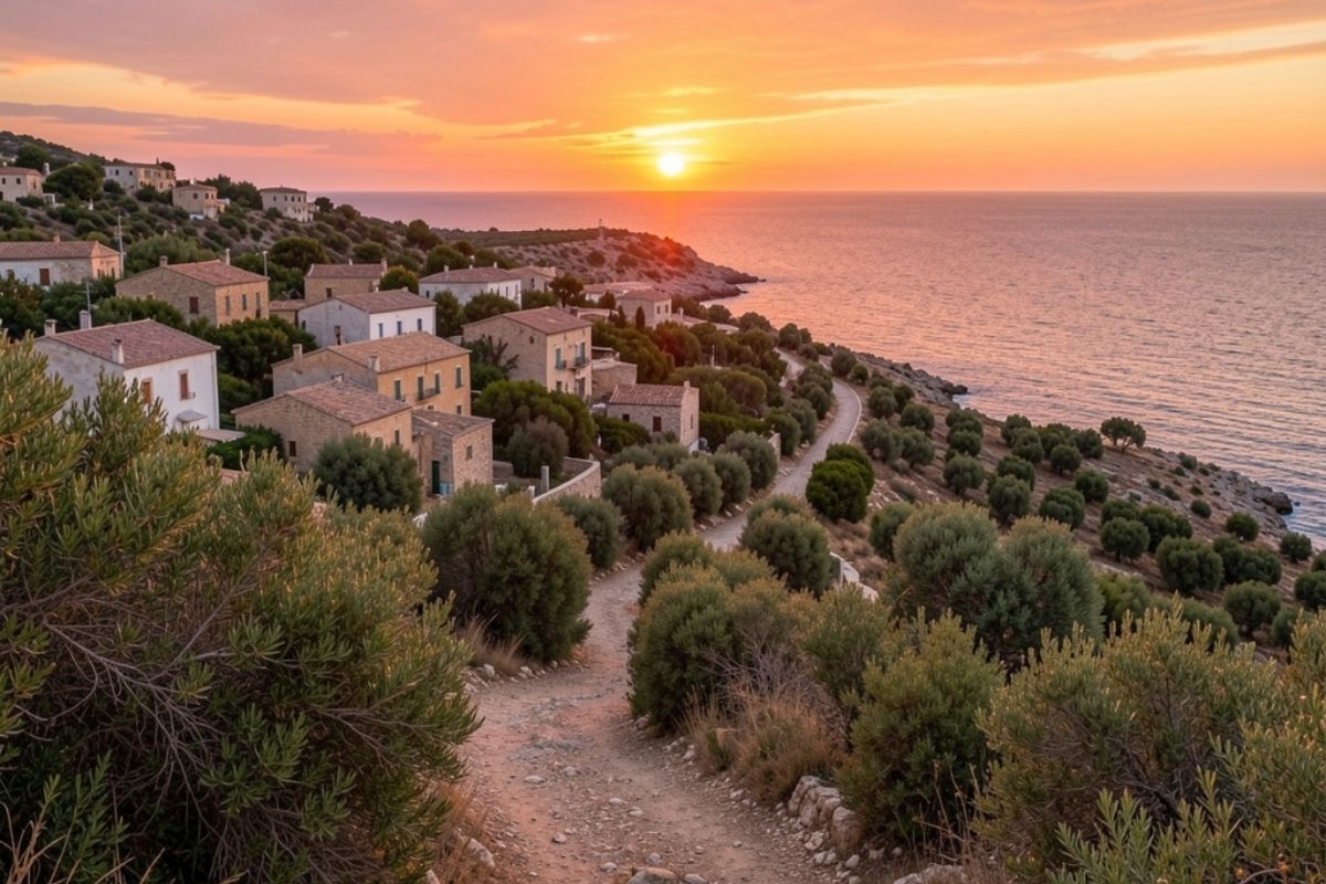 Scorcio panoramico sul borgo di Marzamemi al tramonto, con sentieri costieri, vegetazione mediterranea e il mare sullo sfondo