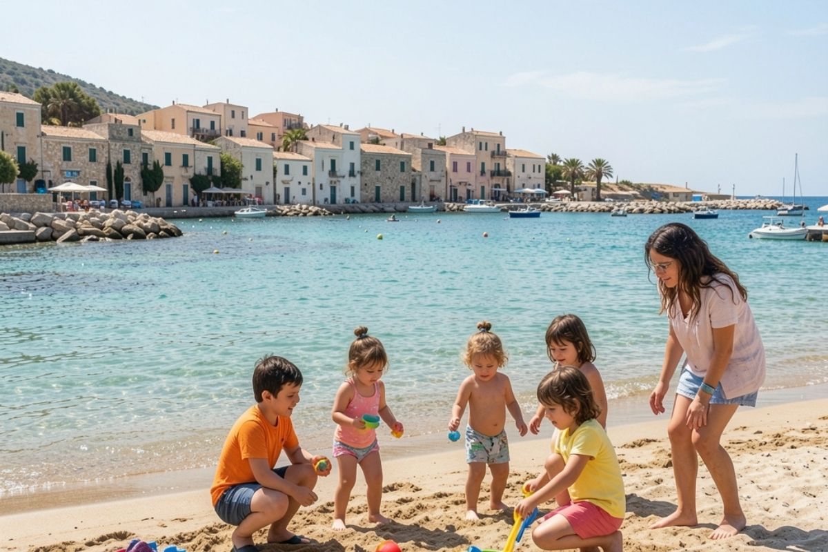 Fotografia panoramica di una famiglia con bambini che gioca sulla spiaggia sabbiosa di Marzamemi, con il borgo marinaro e il mare turchese sullo sfondo. Atmosfera rilassata e solare.