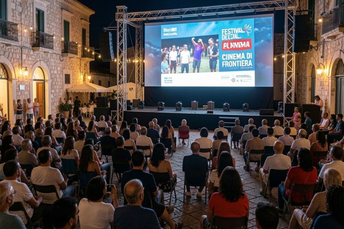 Proiezione serale all'aperto nella piazza principale di Marzamemi durante il Festival del Cinema di Frontiera: pubblico seduto, schermo luminoso, atmosfera estiva, dettagli architettonici illuminati e ospiti intervistati